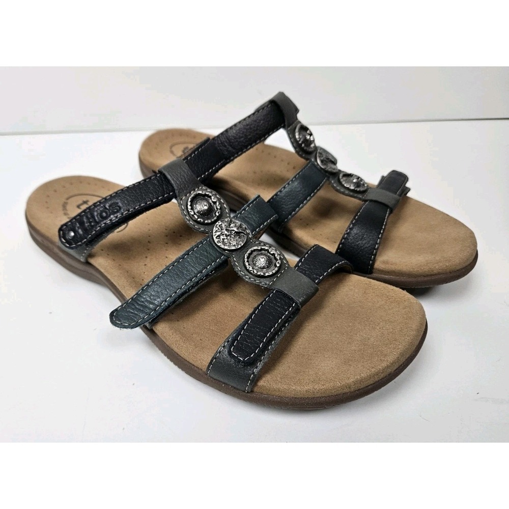 Taos Prize Green Multi T Strap Slide Sandals 7 Leather Adjustable Medallion